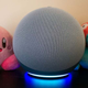 A photo of the 4th-gen Echo in front of a Kirby and a Porygon plush